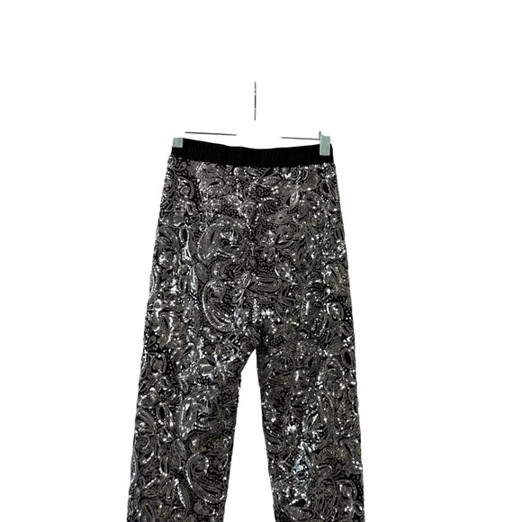 Porridge Black Silver Sequin Paisley Pattern Elastic Waist Skinny Pants XS - Picture 6 of 9